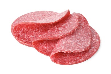 Photo of Slices of tasty smoked sausage isolated on white
