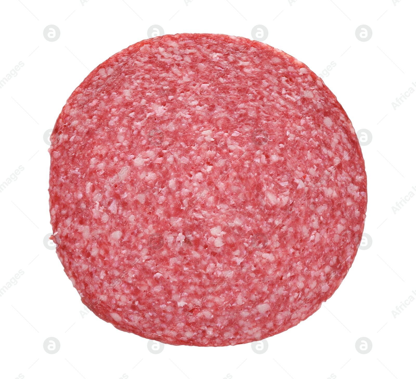 Slice of tasty smoked sausage isolated on white Photo of Slice of tasty smoked sausage isolated on white