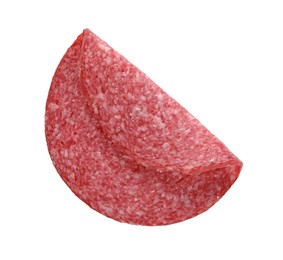 Photo of Slice of tasty smoked sausage isolated on white