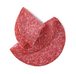 Photo of Slices of tasty smoked sausage isolated on white, top view