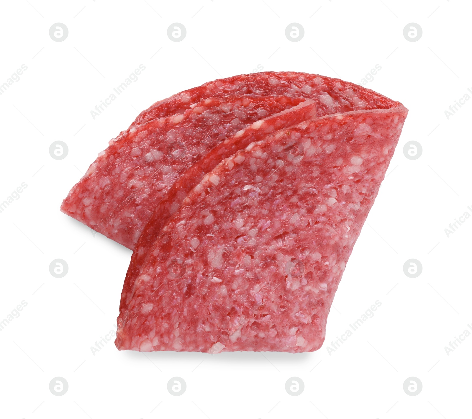 Slice of tasty smoked sausage isolated on white Photo of Slice of tasty smoked sausage isolated on white