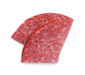 Photo of Slice of tasty smoked sausage isolated on white