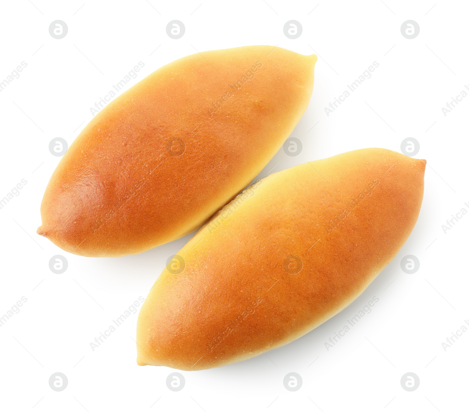 Two tasty baked patties isolated on white, top view Photo of Two tasty baked patties isolated on white, top view