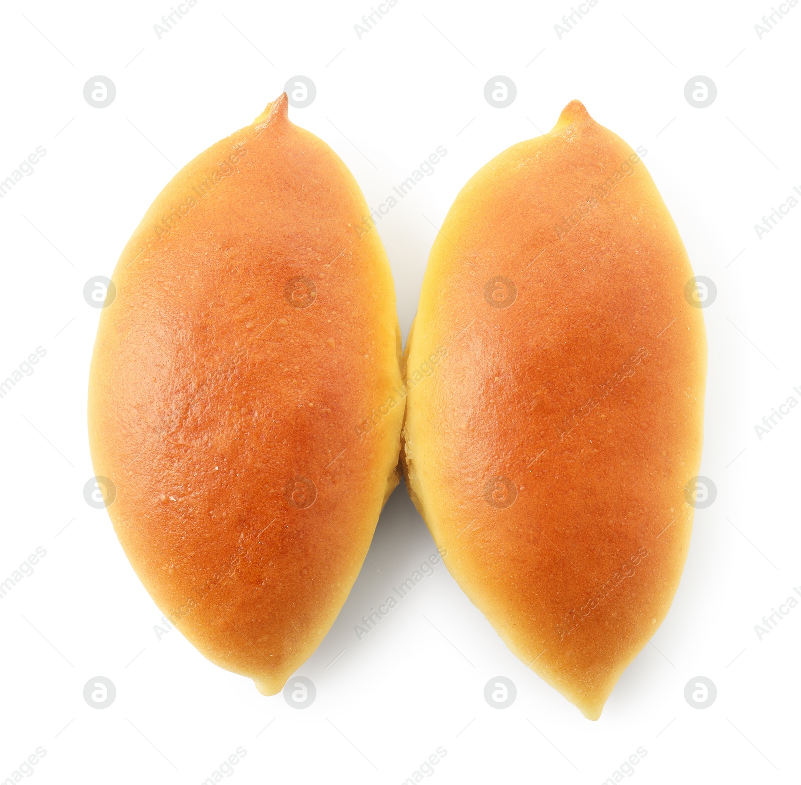 Two tasty baked patties isolated on white, top view Photo of Two tasty baked patties isolated on white, top view
