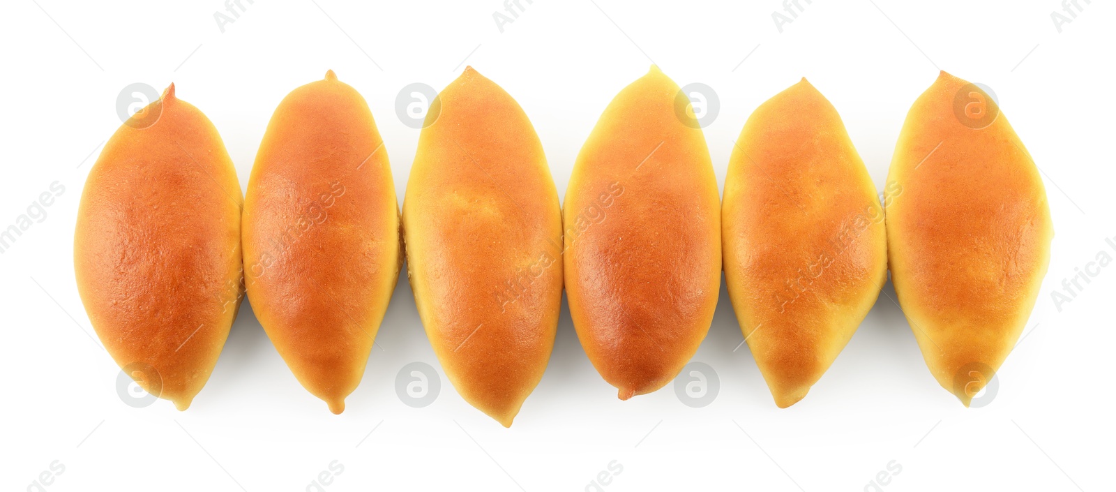 Many tasty baked patties isolated on white, top view Photo of Many tasty baked patties isolated on white, top view