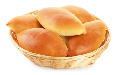 Photo of Tasty baked patties in basket isolated on white