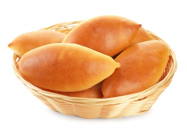 Photo of Tasty baked patties in basket isolated on white