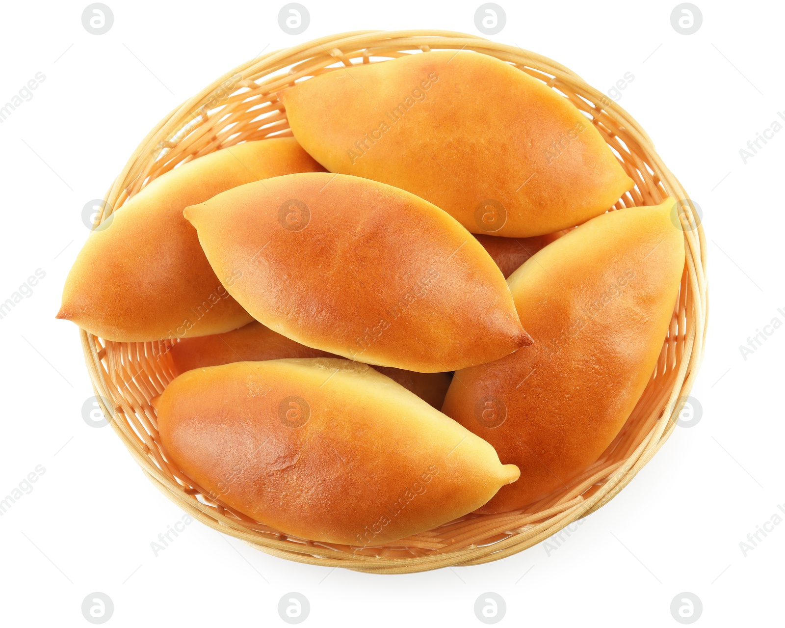 Tasty baked patties in basket isolated on white, top view Photo of Tasty baked patties in basket isolated on white, top view