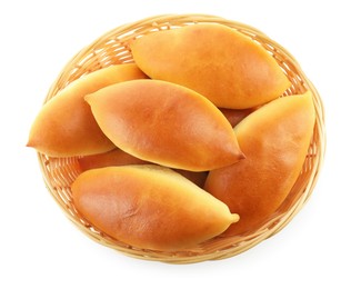 Photo of Tasty baked patties in basket isolated on white, top view