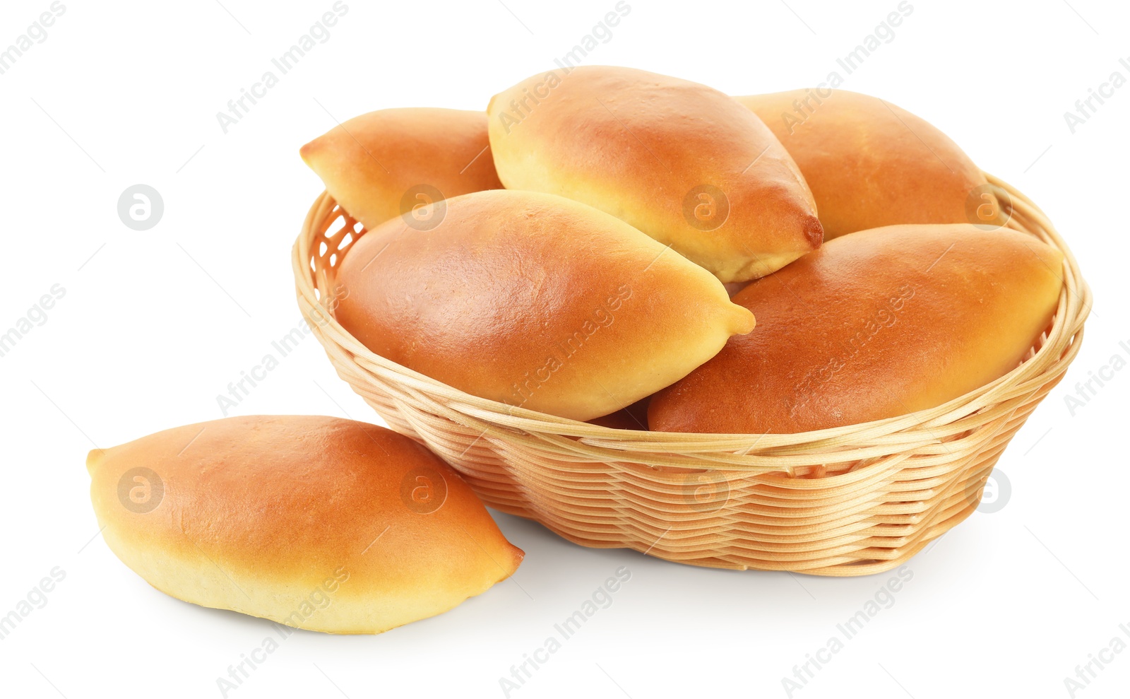 Tasty baked patties in basket isolated on white Photo of Tasty baked patties in basket isolated on white