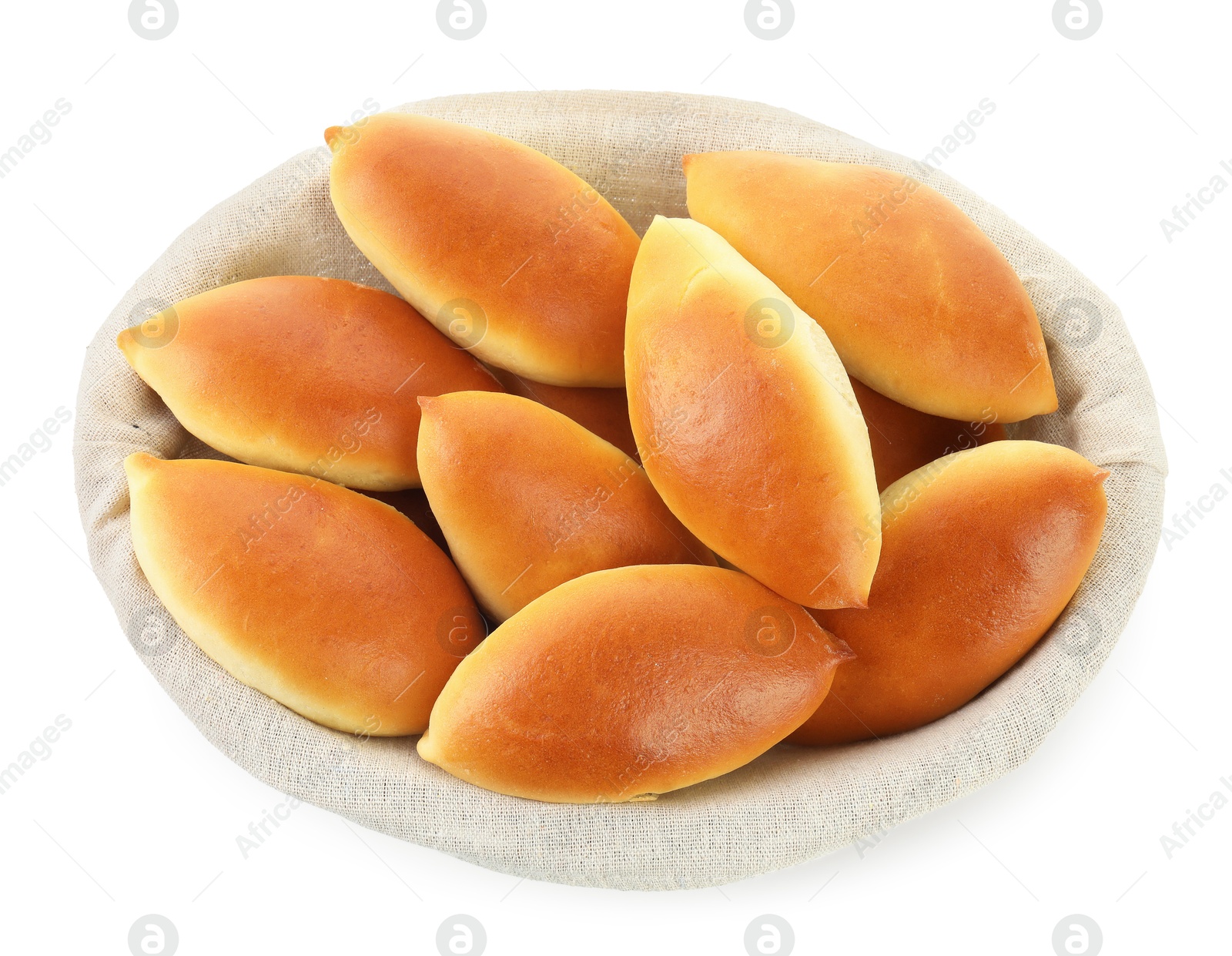 Tasty baked patties in basket isolated on white, top view Photo of Tasty baked patties in basket isolated on white, top view