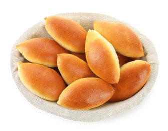 Photo of Tasty baked patties in basket isolated on white, top view