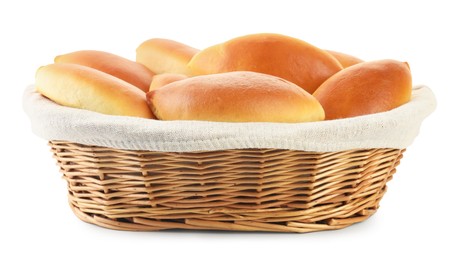 Photo of Tasty baked patties in basket isolated on white
