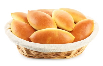 Photo of Tasty baked patties in basket isolated on white