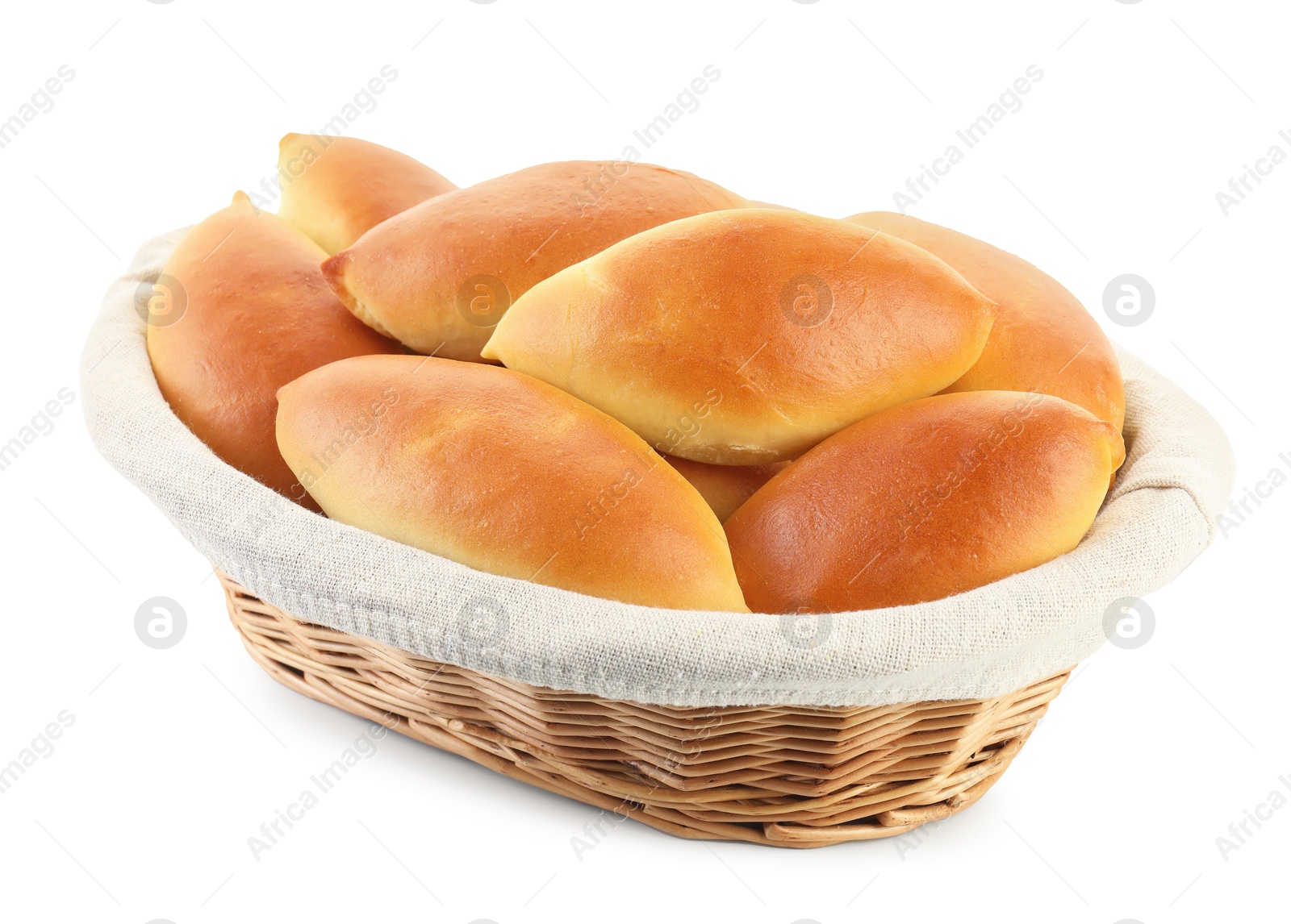 Tasty baked patties in basket isolated on white Photo of Tasty baked patties in basket isolated on white