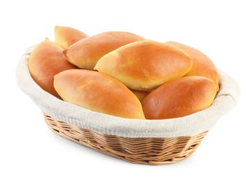 Photo of Tasty baked patties in basket isolated on white