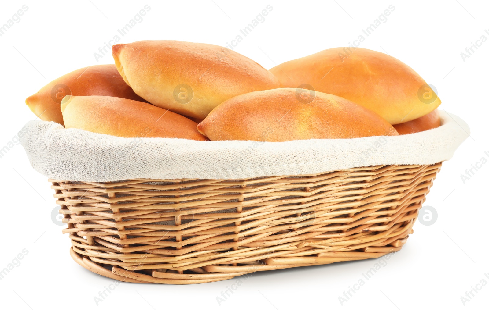 Tasty baked patties in basket isolated on white Photo of Tasty baked patties in basket isolated on white