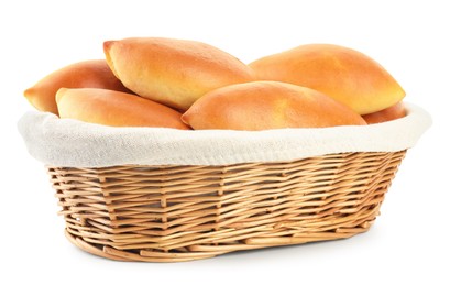 Photo of Tasty baked patties in basket isolated on white