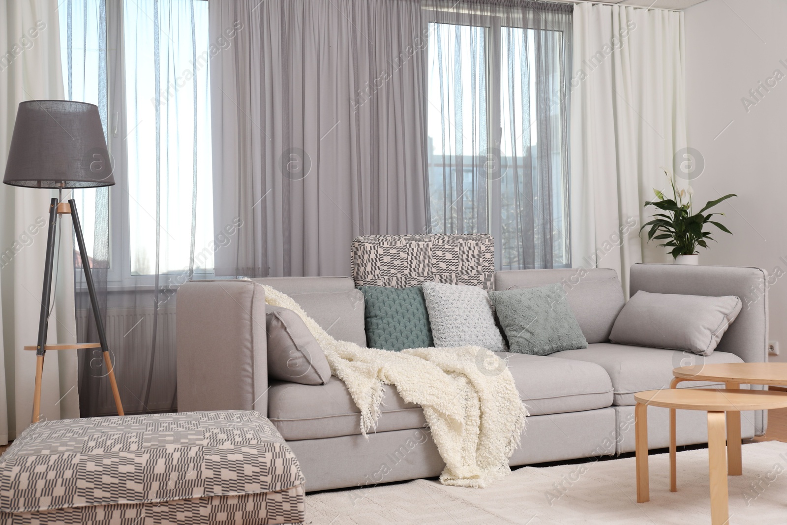 Windows with stylish curtains in living room interior Photo of Windows with stylish curtains in living room interior