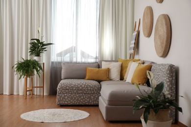 Photo of Window with stylish curtains in living room interior