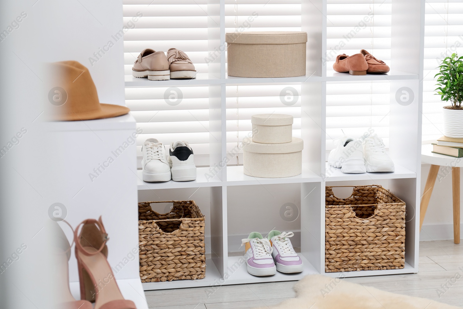Shoe storage. Shelving unit with different footwear indoors Photo of Shoe storage. Shelving unit with different footwear indoors