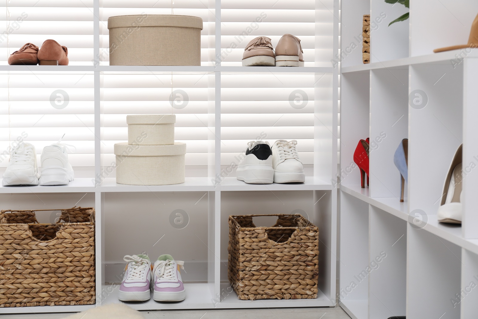 Shoe storage. Shelving unit with different footwear indoors Photo of Shoe storage. Shelving unit with different footwear indoors