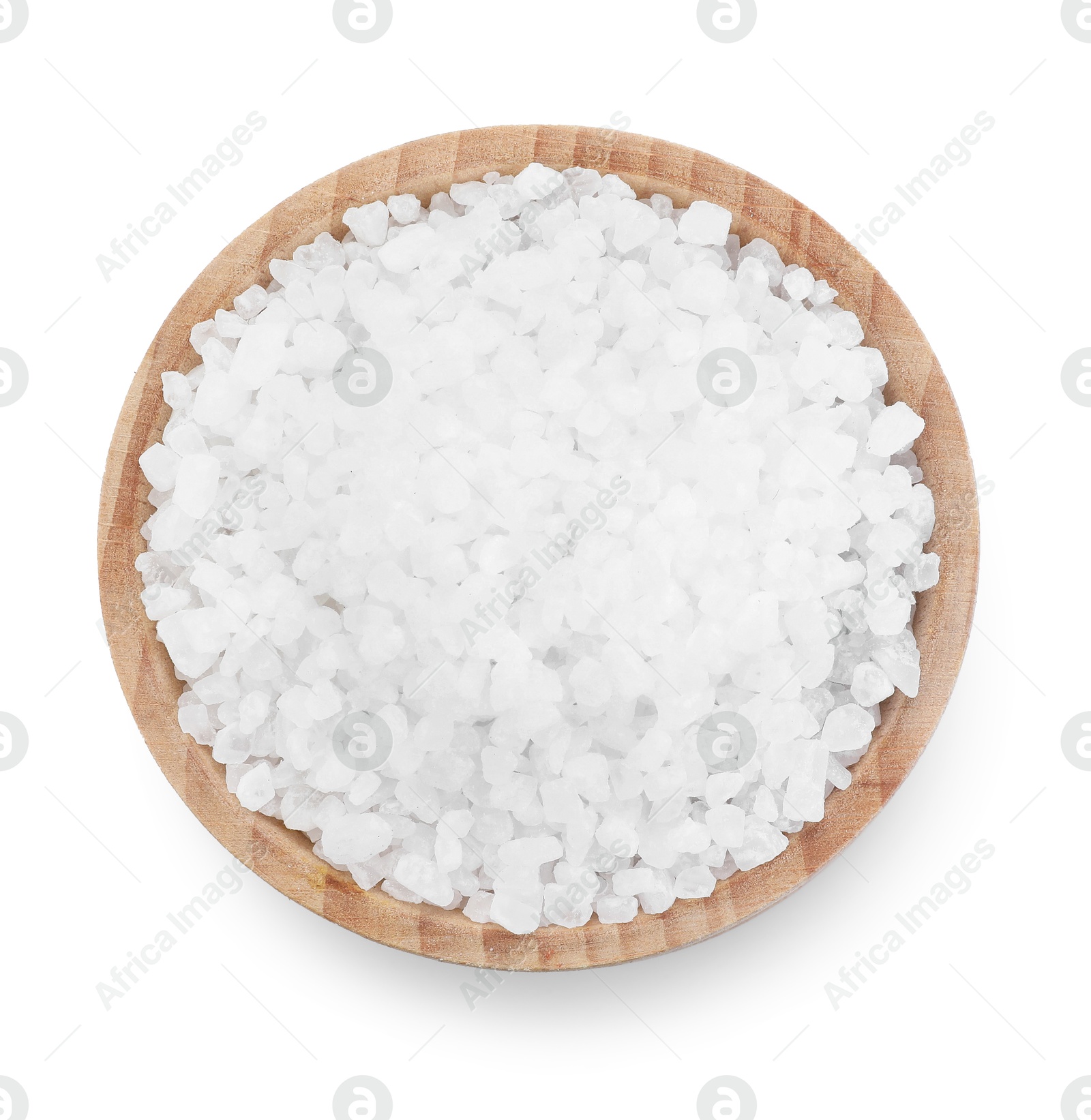 Salt in bowl isolated on white, top view Photo of Salt in bowl isolated on white, top view