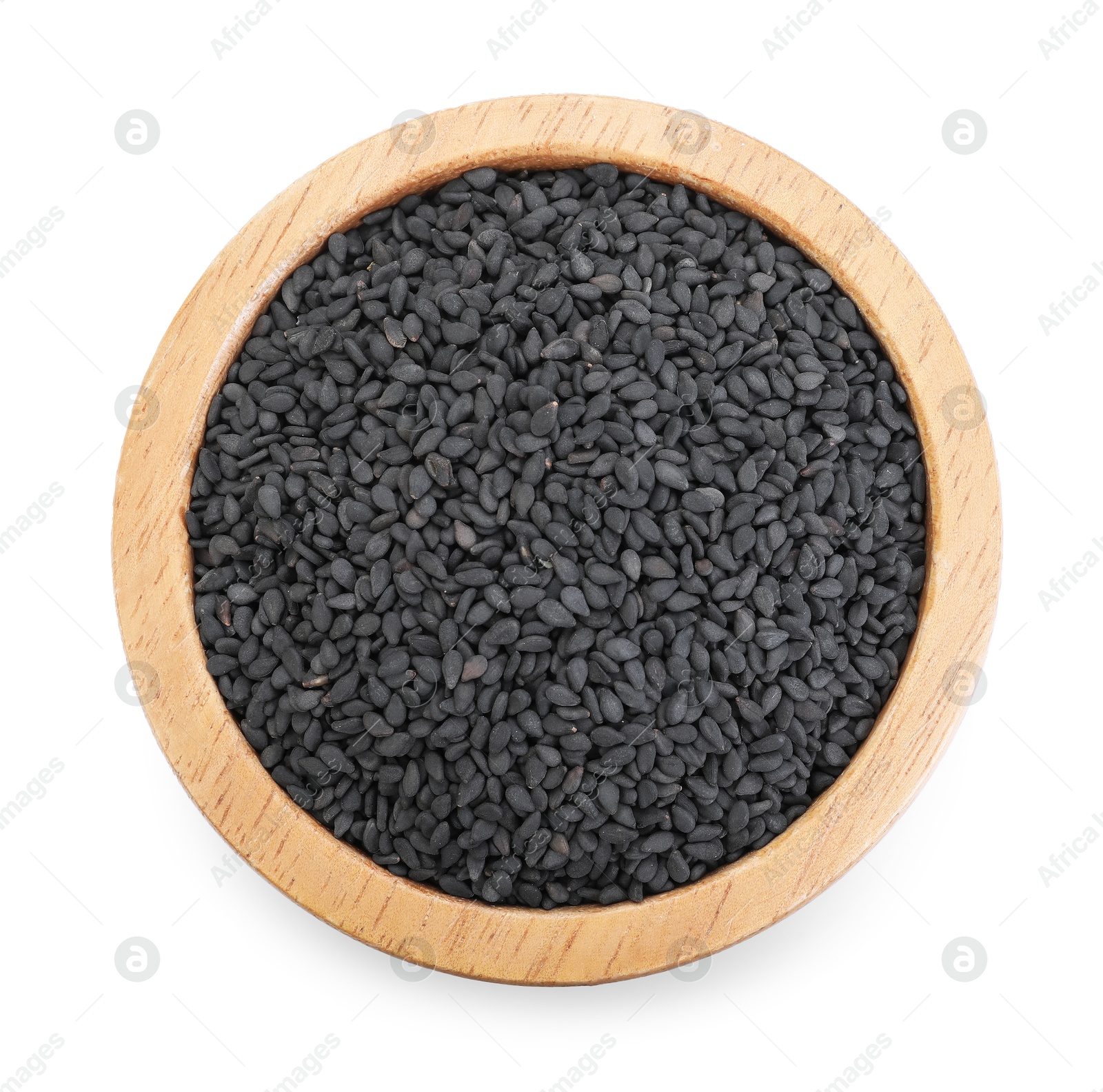 Aromatic black caraway in bowl isolated on white, top view Photo of Aromatic black caraway in bowl isolated on white, top view