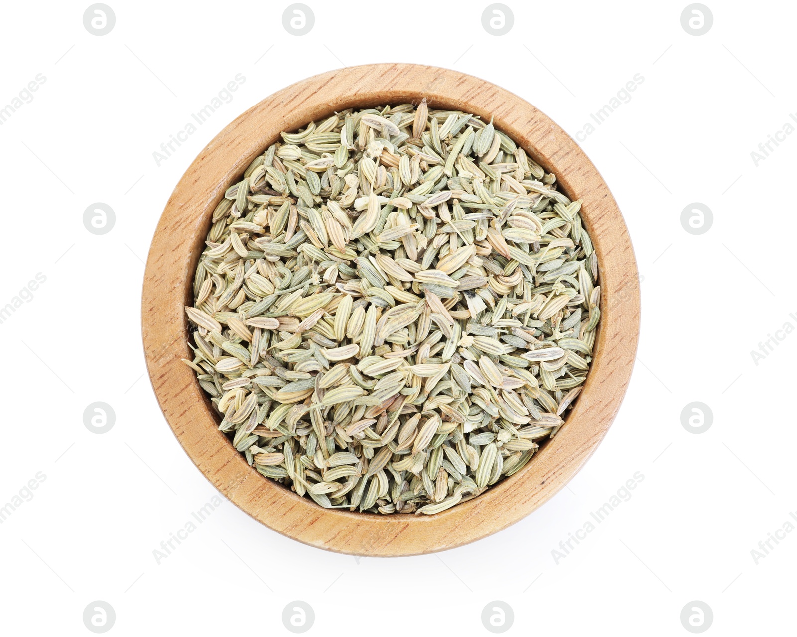 Aromatic fennel seeds in bowl isolated on white, top view Photo of Aromatic fennel seeds in bowl isolated on white, top view