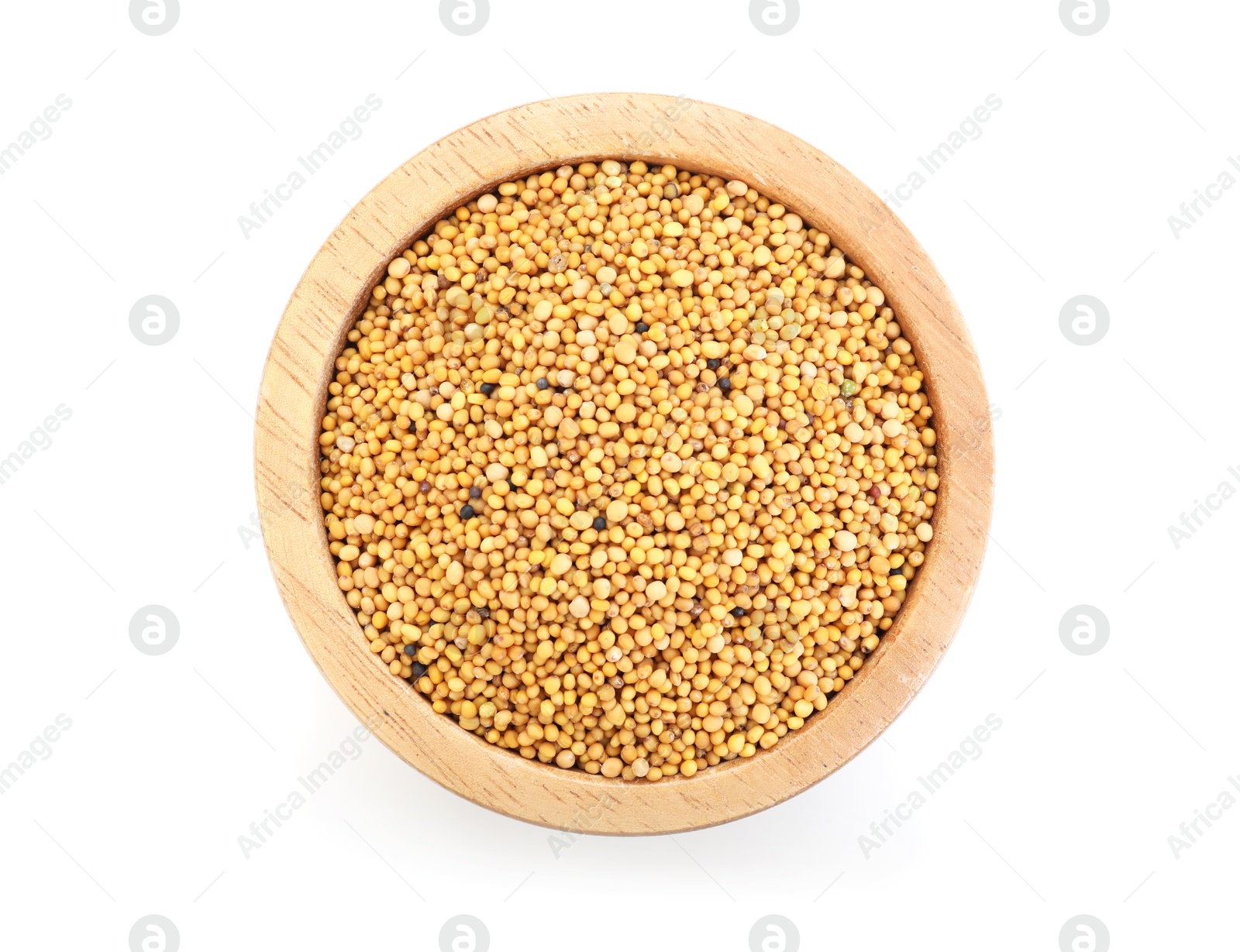 Aromatic mustard seeds in bowl isolated on white, top view Photo of Aromatic mustard seeds in bowl isolated on white, top view