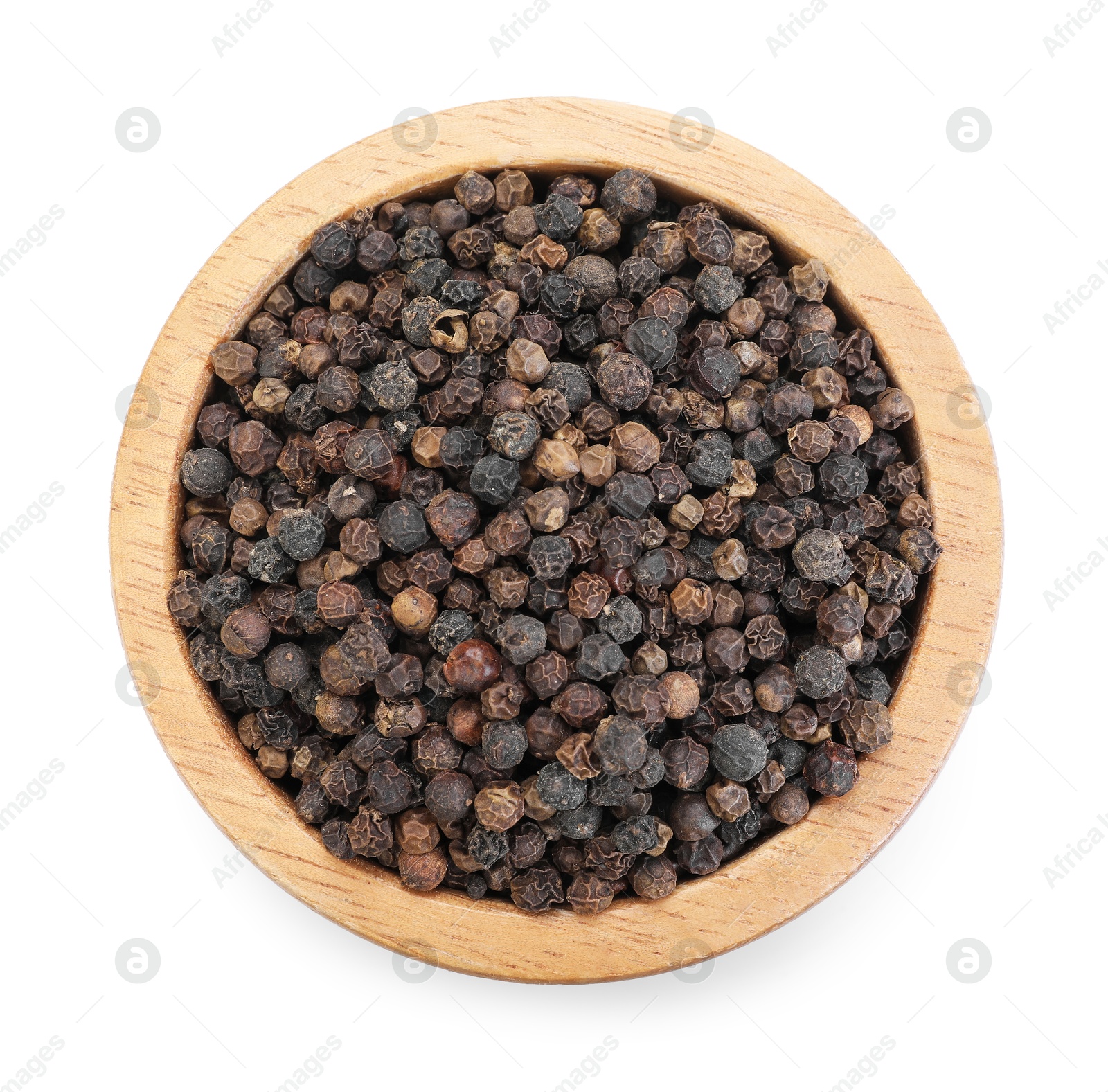 Aromatic peppercorns in bowl isolated on white, top view Photo of Aromatic peppercorns in bowl isolated on white, top view