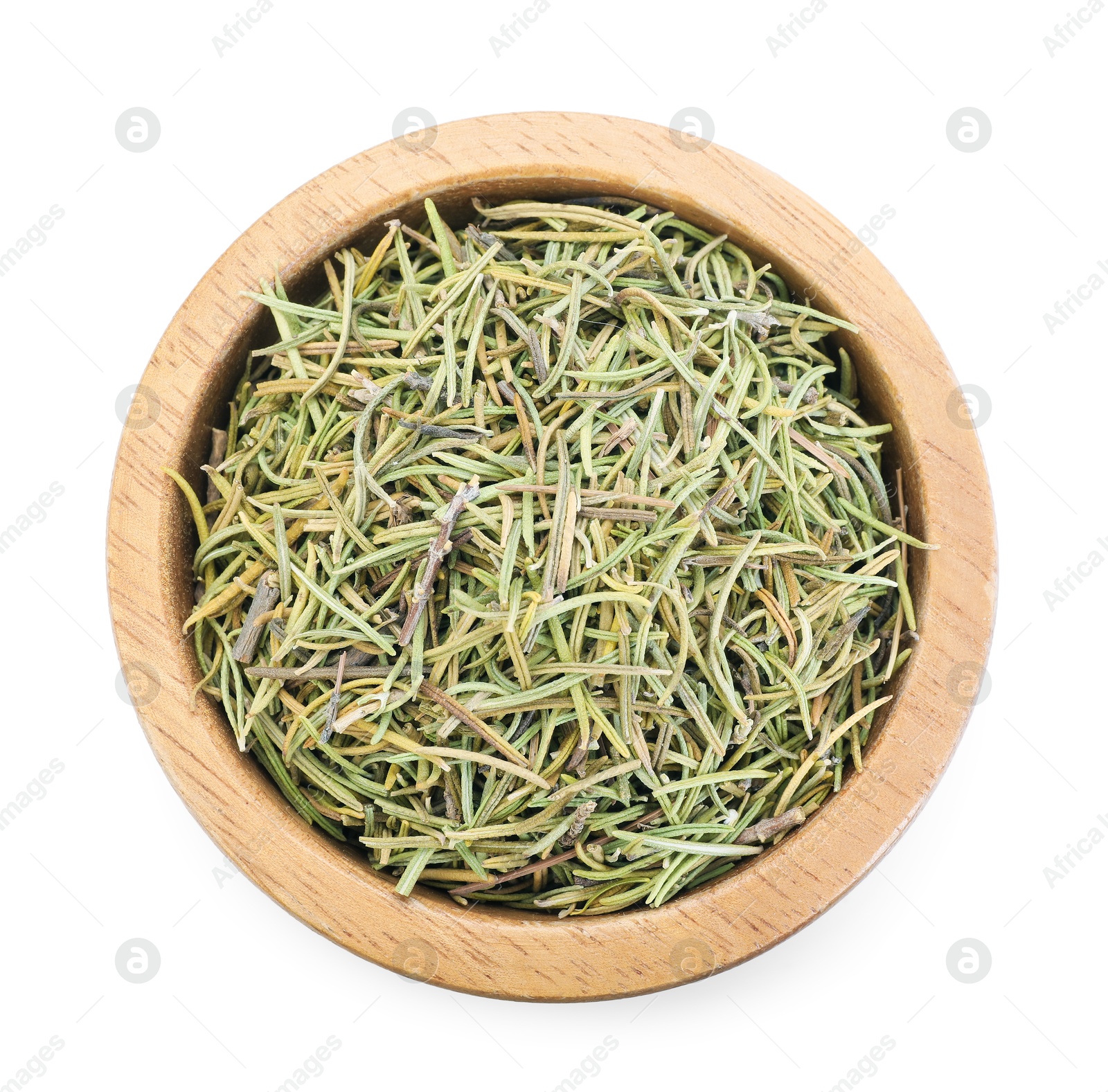 Aromatic dry rosemary in bowl isolated on white, top view Photo of Aromatic dry rosemary in bowl isolated on white, top view