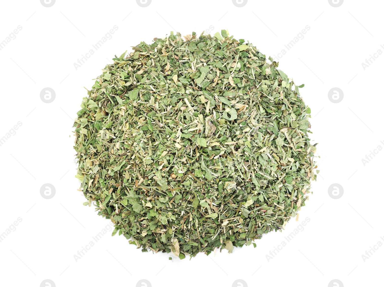Pile of dried parsley isolated on white, top view Photo of Pile of dried parsley isolated on white, top view