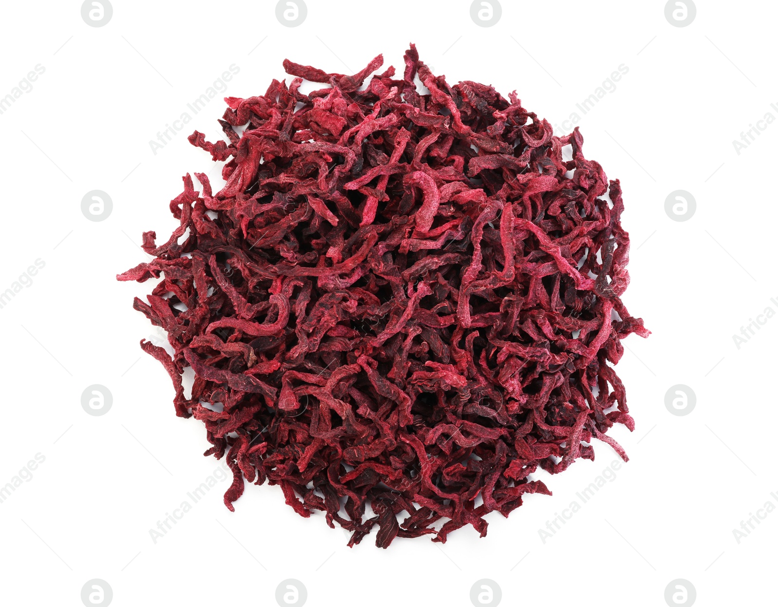 Pile of dried beetroots isolated on white, top view Photo of Pile of dried beetroots isolated on white, top view