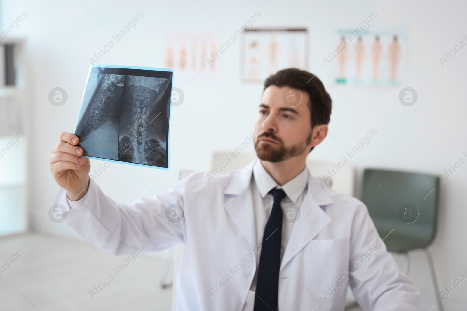 Doctor examining neck MRI scan in clinic, selective focus Photo of Doctor examining neck MRI scan in clinic, selective focus