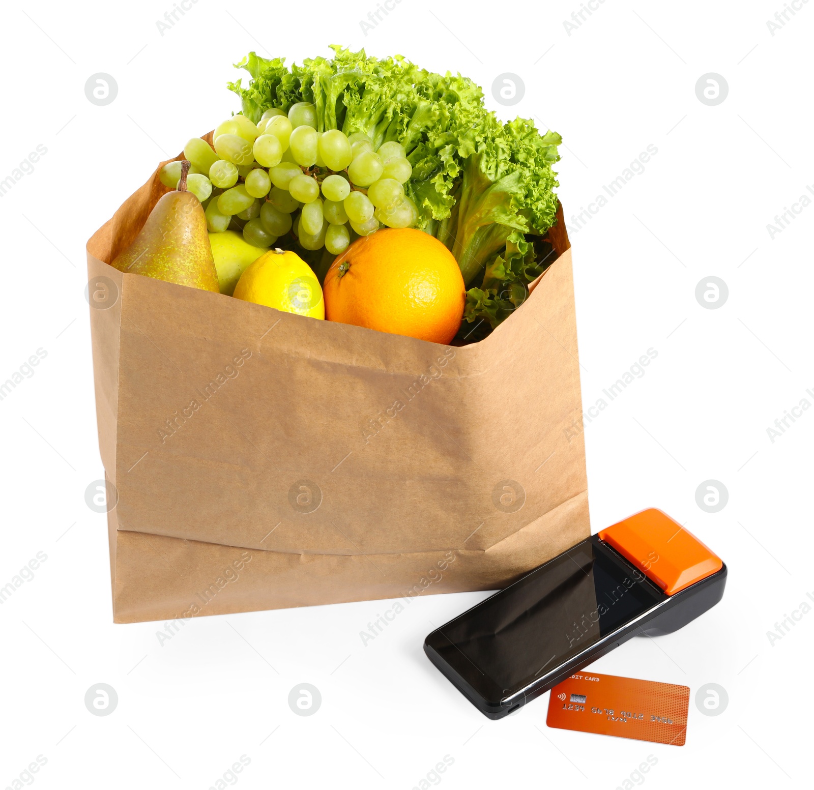 Payment terminal, bag full of groceries and credit card isolated on white Photo of Payment terminal, bag full of groceries and credit card isolated on white