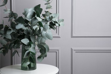 Photo of Beautiful eucalyptus branches in vase on table near grey wall indoors, space for text