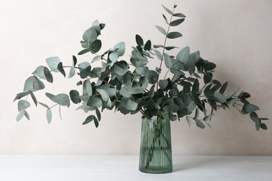 Photo of Beautiful eucalyptus branches in vase on table near light grey wall indoors