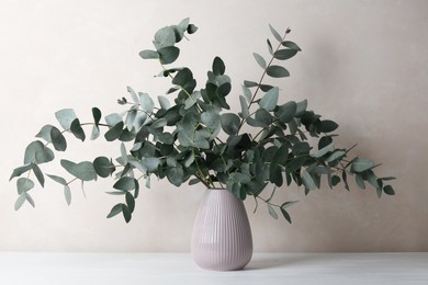 Photo of Beautiful eucalyptus branches in vase on table near light grey wall indoors
