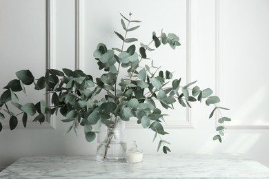 Photo of Green eucalyptus branches in vase on marble table near white wall indoors