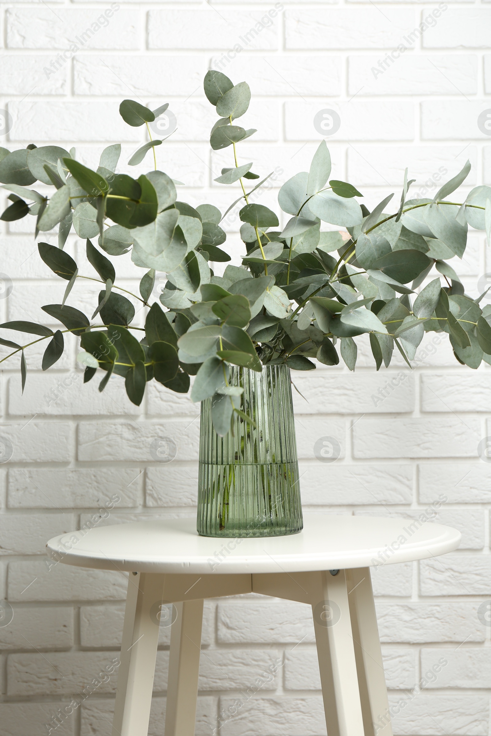 Green eucalyptus branches in vase on table near white brick wall indoors Photo of Green eucalyptus branches in vase on table near white brick wall indoors