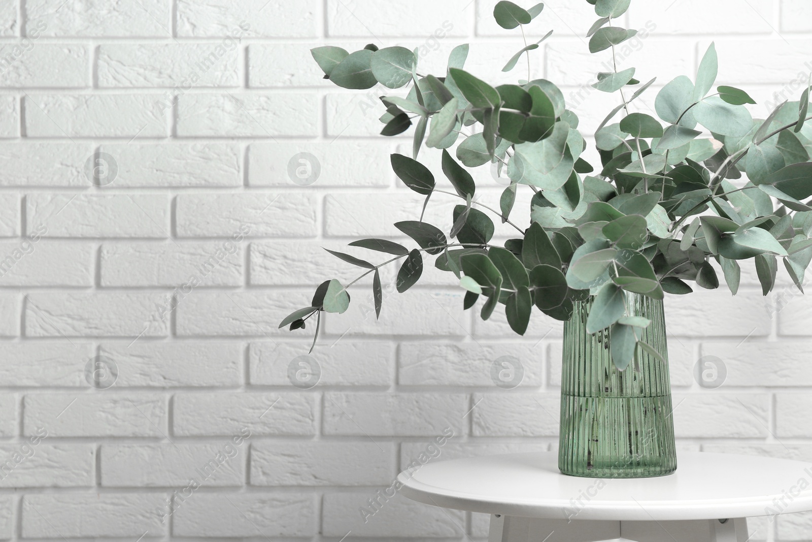 Green eucalyptus branches in vase on table near white brick wall indoors, space for text Photo of Green eucalyptus branches in vase on table near white brick wall indoors, space for text