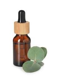 Photo of Bottle of essential oil and eucalyptus leaves isolated on white