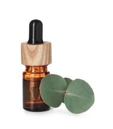 Photo of Bottle of essential oil and eucalyptus leaves isolated on white