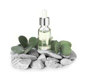 Photo of Bottle of essential oil, eucalyptus leaves and stones isolated on white