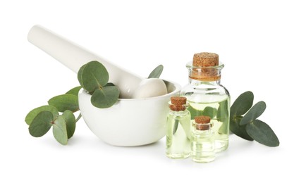 Photo of Bottles of essential oil, eucalyptus leaves, mortar and pestle isolated on white