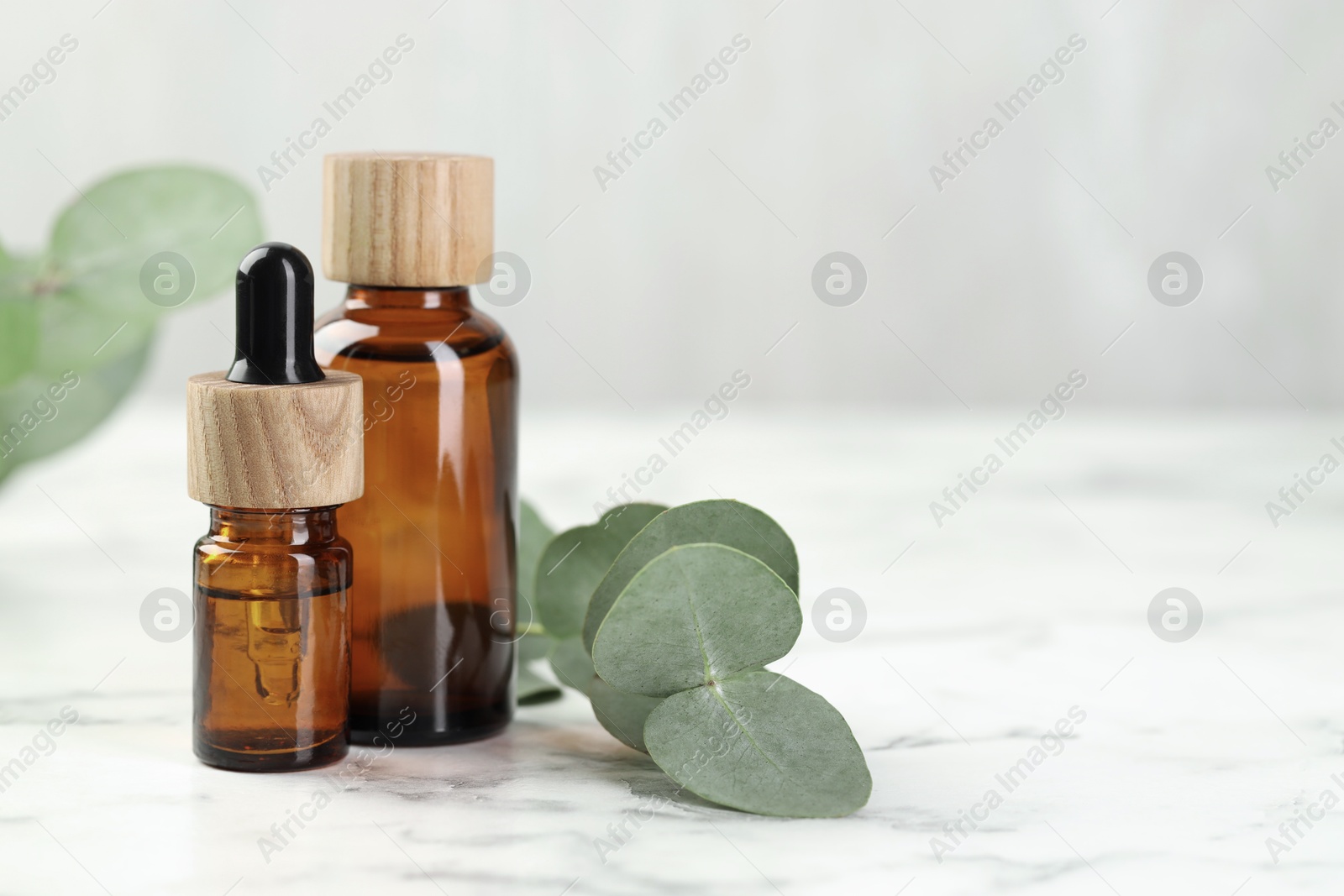 Bottles of essential oil and eucalyptus leaves on white marble table, closeup. Space for text Photo of Bottles of essential oil and eucalyptus leaves on white marble table, closeup. Space for text