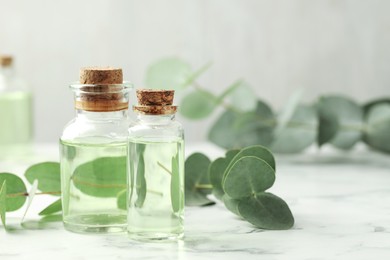 Photo of Bottles of essential oil and eucalyptus leaves on white marble table, closeup
