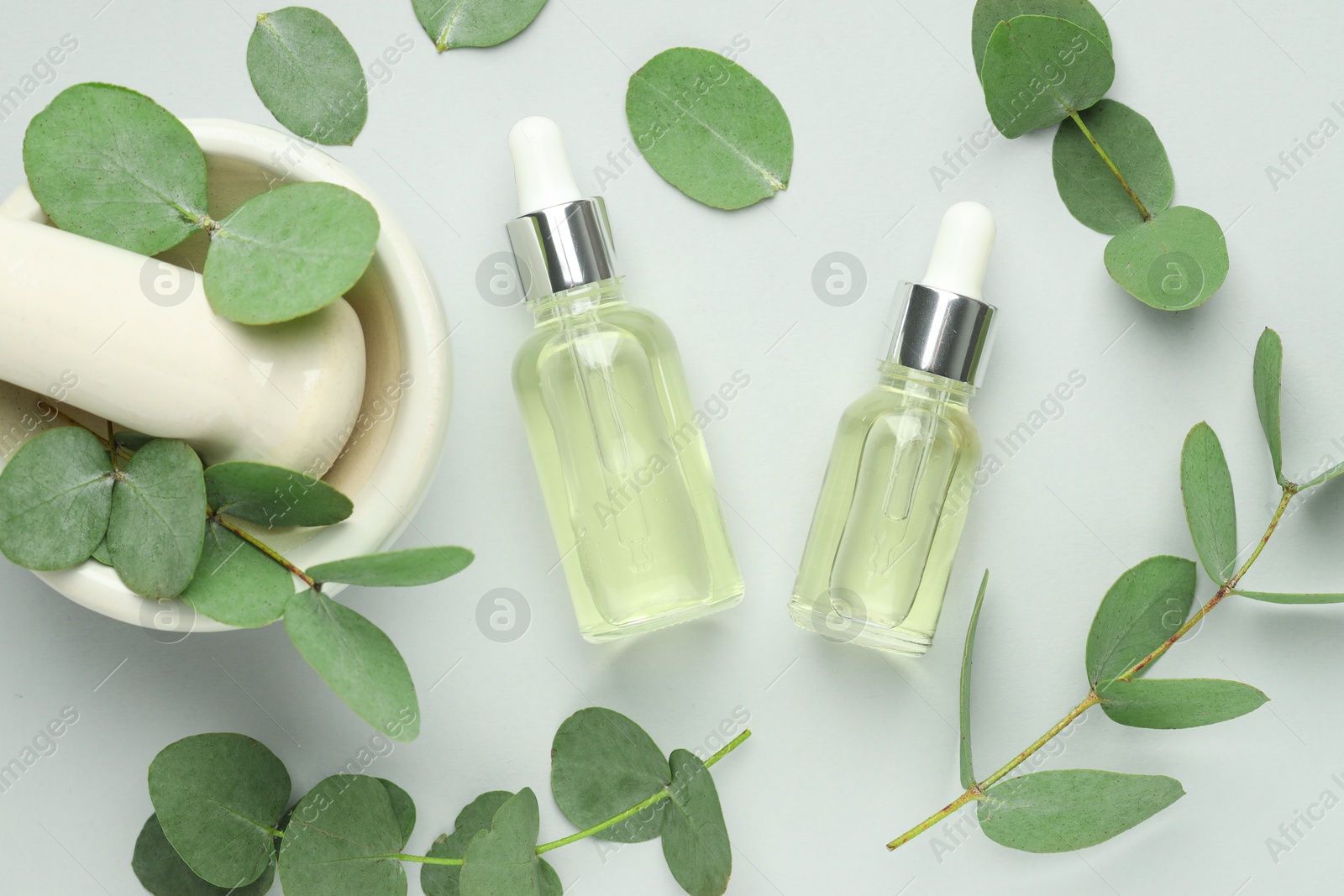 Bottles of essential oil, eucalyptus leaves, mortar and pestle on white background, flat lay Photo of Bottles of essential oil, eucalyptus leaves, mortar and pestle on white background, flat lay