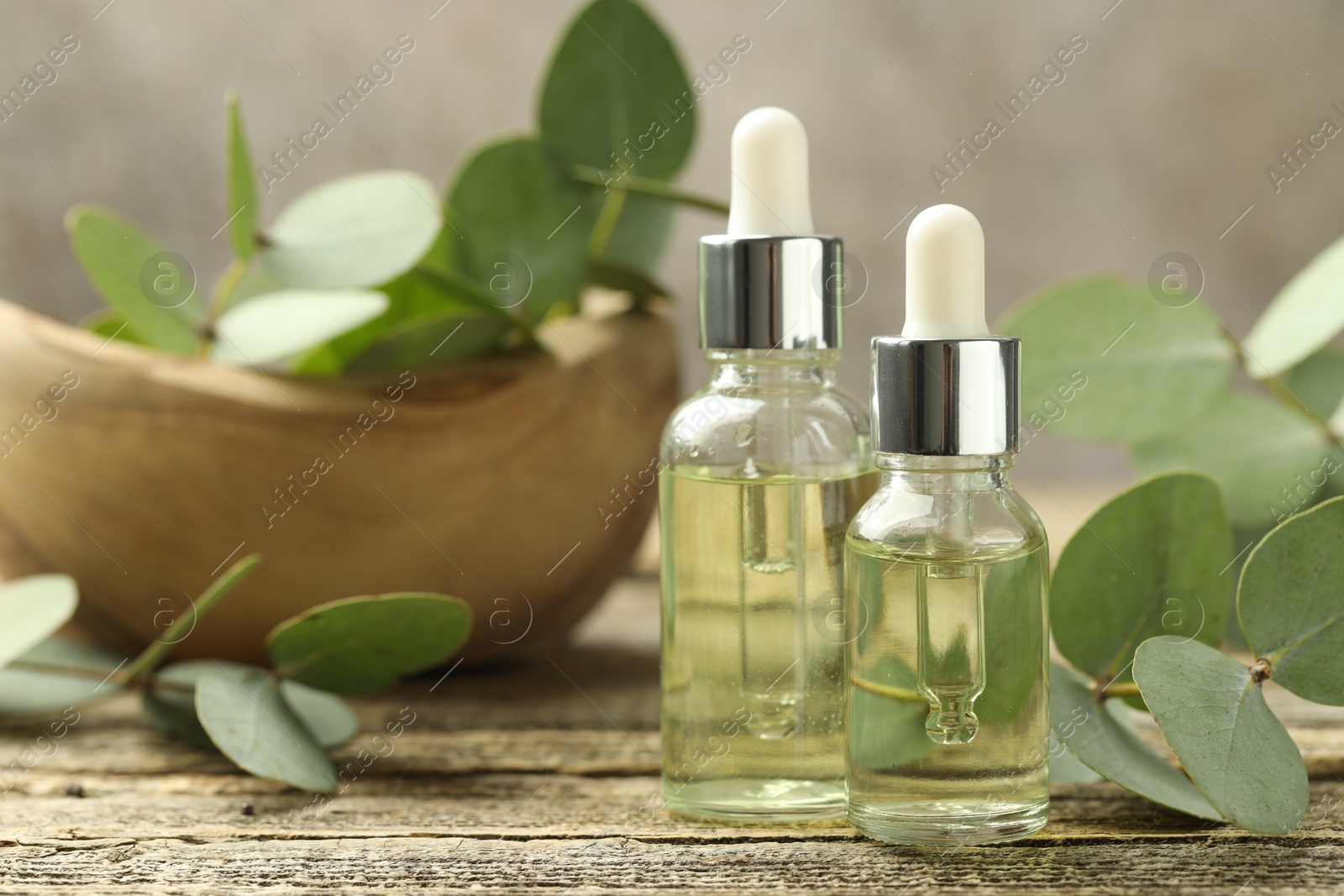 Bottles of essential oil and eucalyptus leaves on wooden table, closeup Photo of Bottles of essential oil and eucalyptus leaves on wooden table, closeup